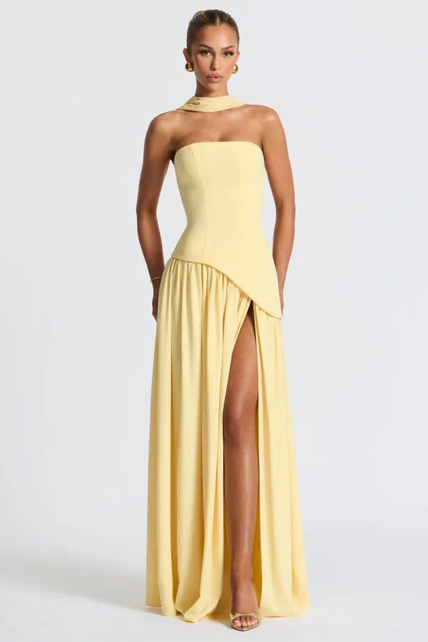 Women's Elegant Yellow Maxi Dress with High Slit