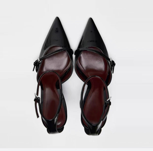 Black Patent High Heel Pumps with Pointed Toe and Ankle Strap