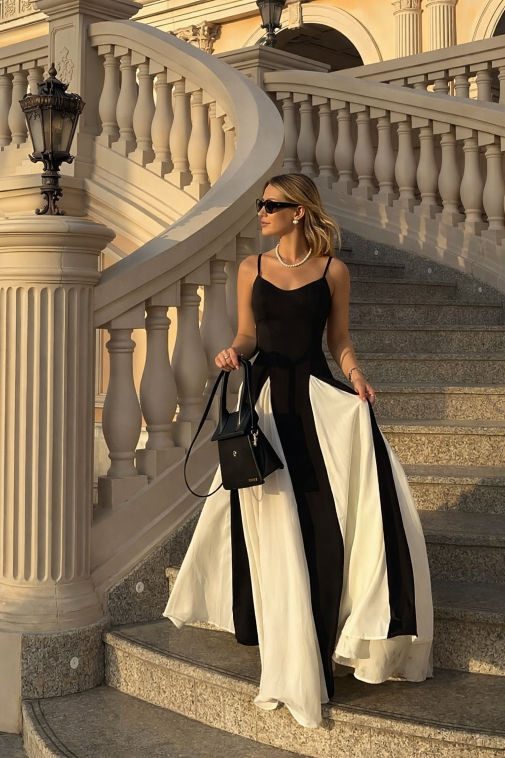 Elegant Black and White Maxi Dress with Contrast Design