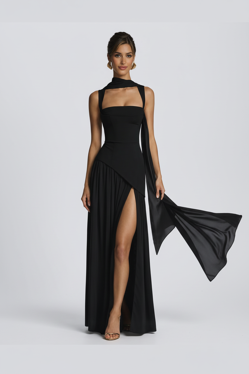 Midnight Elegance Lace-Up Maxi Dress