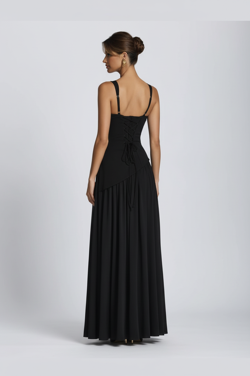 Midnight Elegance Lace-Up Maxi Dress
