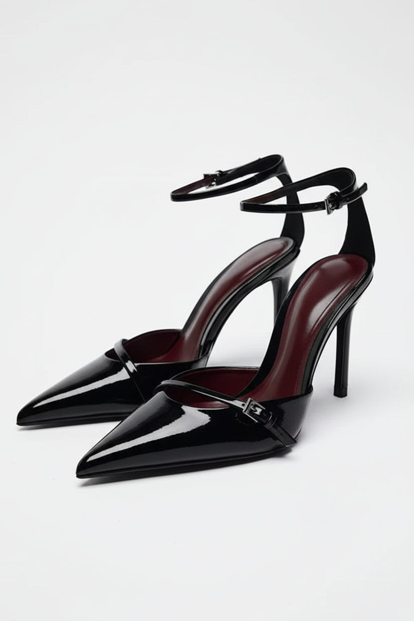 Black Patent High Heel Pumps with Pointed Toe and Ankle Strap