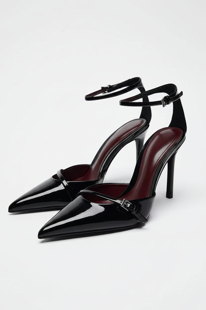 Black Patent High Heel Pumps with Pointed Toe and Ankle Strap