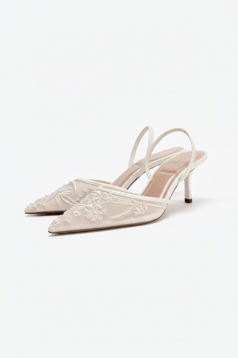 Women's Elegant Cream Embroidered High Heel Shoes