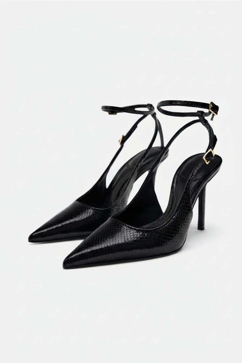Women's Elegant Black Snake-Texture High Heel Shoes