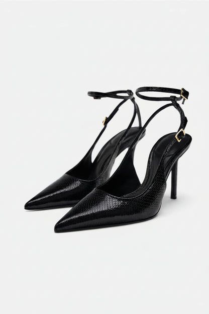 Women's Elegant Black Snake-Texture High Heel Shoes