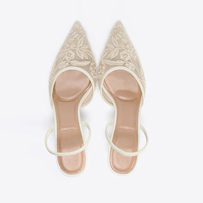 Women's Elegant Cream Embroidered High Heel Shoes