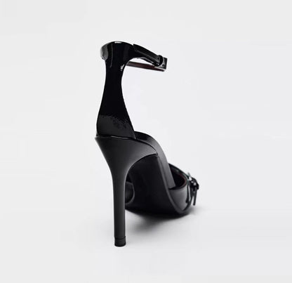 Black Patent High Heel Pumps with Pointed Toe and Ankle Strap