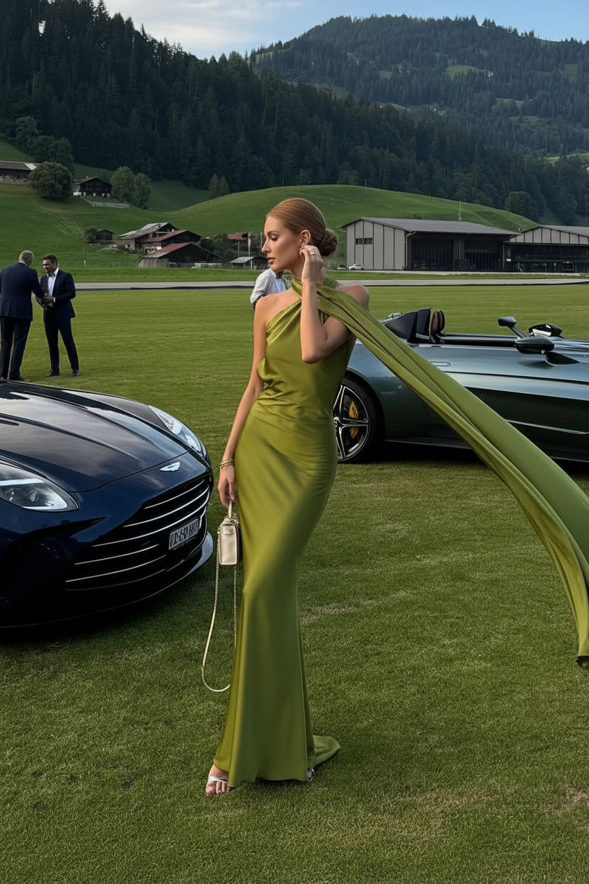Women's Elegant Green Satin Maxi Dress